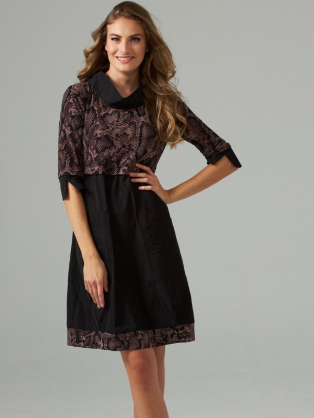 Joseph Ribkoff Snakeprint Mixed Media Cocoon Dress Black Brown Size 14 NWT